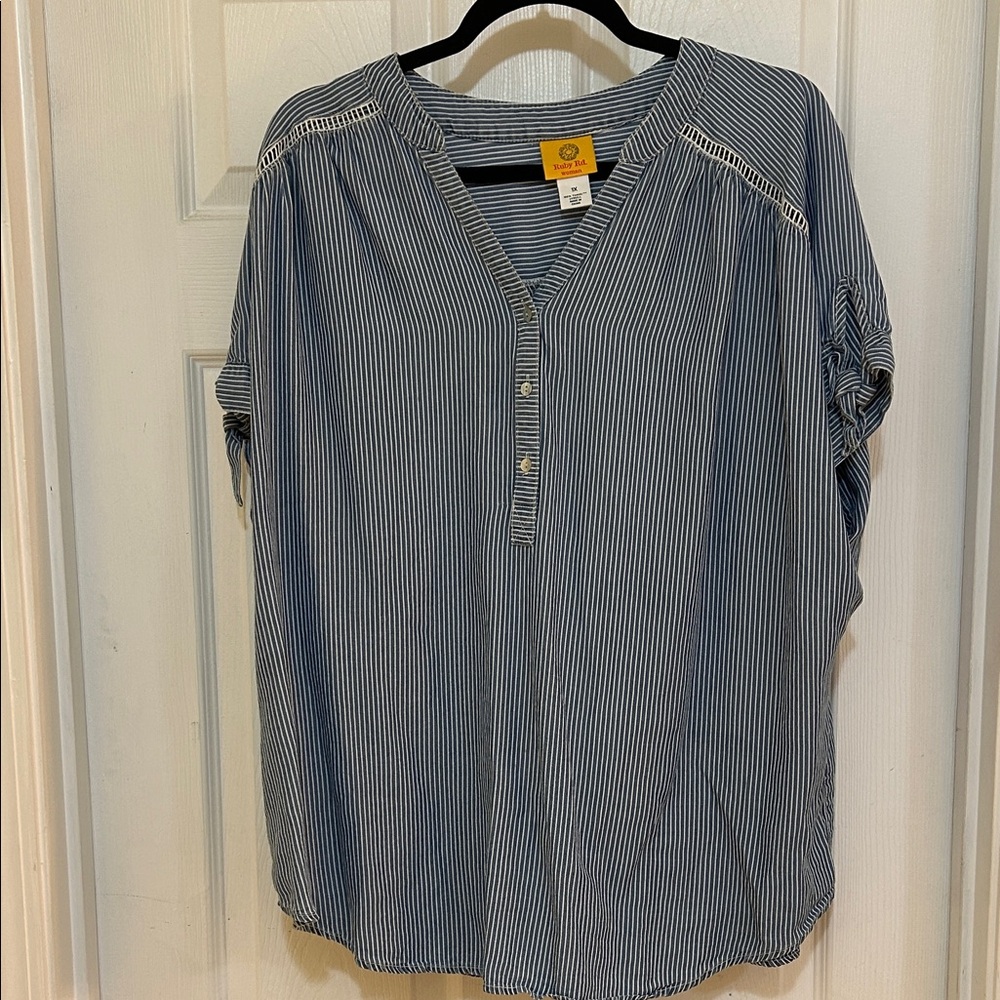 Ruby Rd. Blue White Striped Short Sleeve Blouse | Women’s 1X | Henley Top